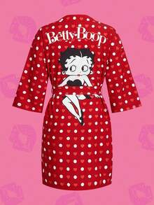 Betty Boop x SHEIN 夏季波尔卡圆点爱心图案七分袖红色睡袍，休闲、性感、可爱风格，适合秋季