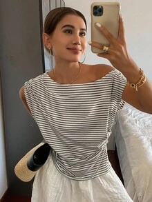 Livesso Striped Open Shoulder Ruched Fitted Short Sleeve Women's T-Shirt Summer - White - View 9