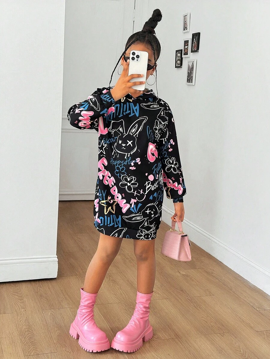 SHEIN 少女休闲宽松舒适字母图案卫衣，中长款，秋冬款 - 黑色 - 查看 1