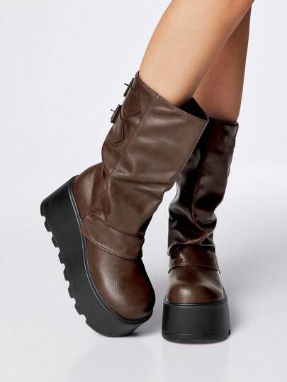 Grunge Punk Stivali alla caviglia con suola spessa, stile punk, design con fibbia, pantaloni a gamba, stivali in pelle da esterno alla moda, slip-on, metà polpaccio, nuovi per l'autunno/inverno 2025