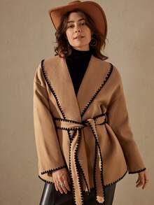 Wildy 女士休闲撞色人字纹长袖羊毛大衣配腰带秋冬女装 - 摩卡棕 - 查看 5