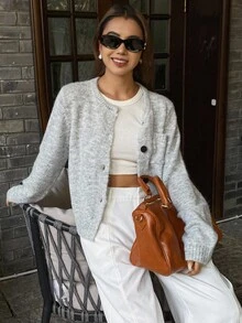DAZY 女式纯色修身圆领长袖系带优雅休闲针织开衫，秋冬 - 灰色 - 查看 3