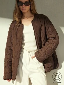 Aveloria Modichic Loose Versatile Zipper Pocket Decor Round Neck Padded Coat - Coffee Brown - View 1