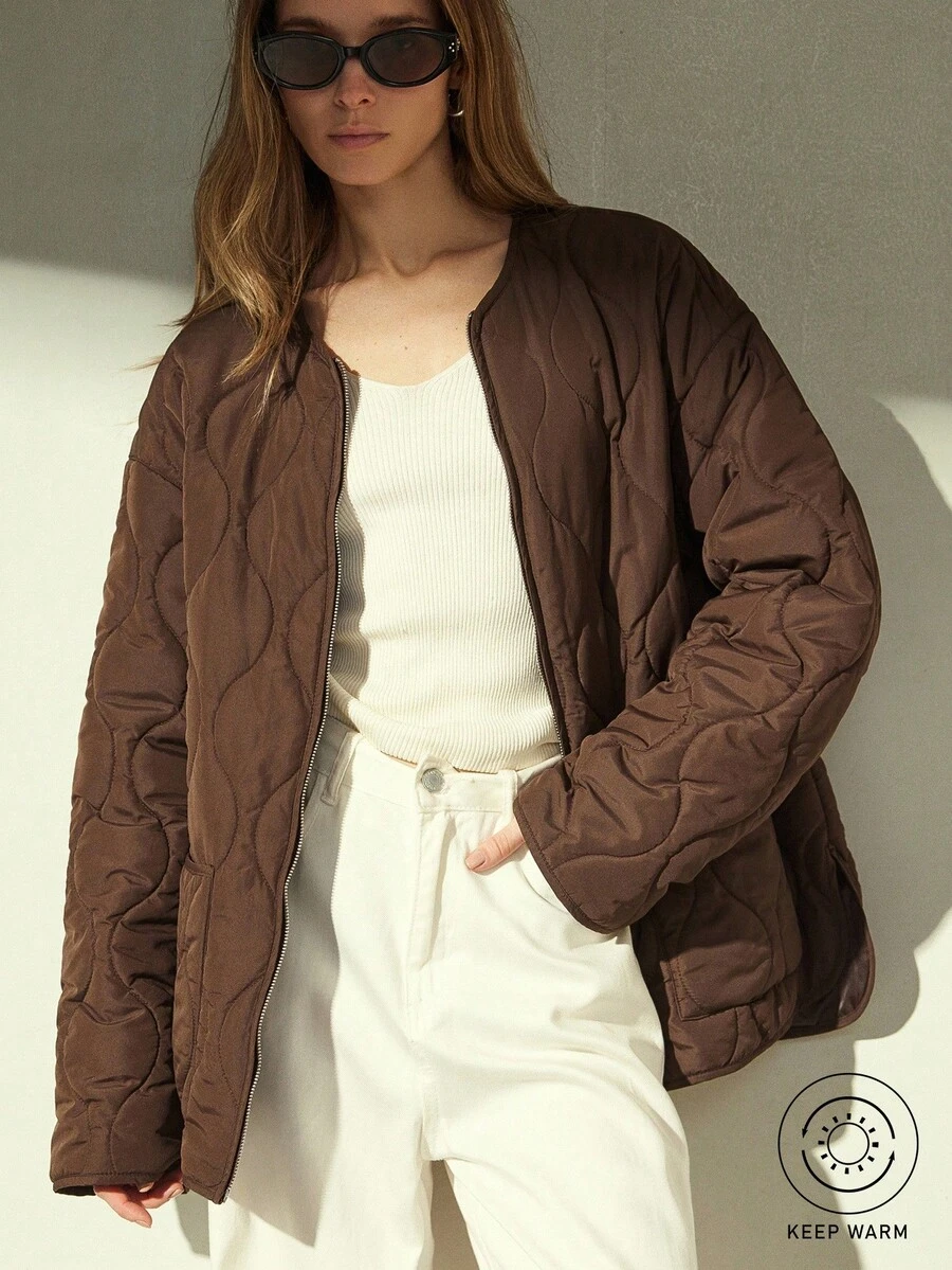 Aveloria Modichic Loose Versatile Zipper Pocket Decor Round Neck Padded Coat - Coffee Brown - View 1