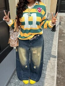 SHEIN ICON 大码女式春秋宽松洗水做旧阔腿宽松男友风牛仔裤 - 藍色 - 查看 6
