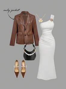 SHEIN MOD Chaqueta casual de mujer de un solo pecho con cuello de solapa, manga larga y unicolor de piel sintética (PU), blazer marrón para mujer, blazers de mujer, casual, cómodo, para ir y venir, estética de dinero antiguo, ideal para atuendo escolar y ropa de oficina, de vuelta a la escuela, otoño, ropa de trabajo para mujer