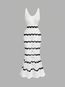 Skyraze Women's Fitted V-Neck Wavy Striped Hollow Out Sweater Dress,Elegant Gentle Simple Black And White Contrast Striped Suspenders Slim Long Knitted Dress Sleeveless Casual Beach Hollow Out Bodycon Midi Crochet Swimwear Coverups Sundresses, Spring Summer Fall,Vacation Style Music Festival Fashionable And Elegant Boho  Long Dress - White - View 1