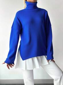 EURMUSE Turtleneck Drop Shoulder Split Hem Sweater - Royal Blue - View 4