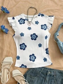 Soleia Áo thun nữ cổ tròn tay bồng in hoa, áo kiểu nữ thường ngày, áo tay bồng, áo đi chơi, áo tay ngắn dễ thương. - Xanh và trắng - Xem 4