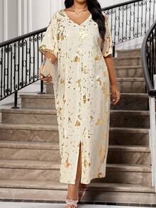 SHEIN Lady 春夏秋冬优雅派对通勤办公室彩色编织缺口舞会礼服短袖卡夫坦连衣裙大码连衣裙 - 彩色 - 查看 1