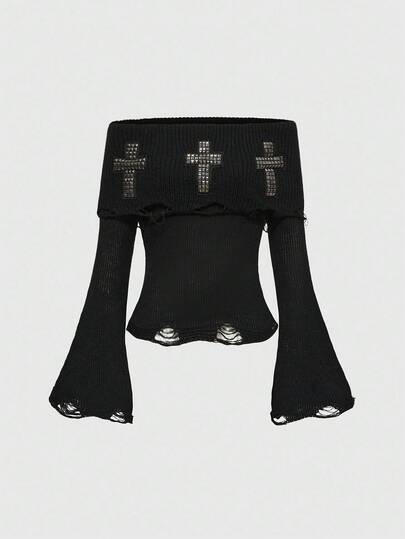 Grunge Punk Y2K Punk Cross Rivet Design Backless Hollow Out Off Shoulder Fitted Sweater