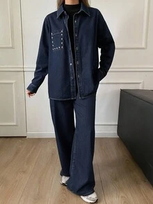 Livesso 2pcs Women Casual Loose Distressed Denim Shirt And Pants Set, Autumn/Winter - Blue - View 1