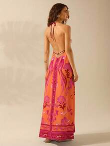 CAJUNI 女士度假热带波西米亚蓝白花卉鹦鹉印花吊带系带休闲海滩夏季长裙 - 彩色 - 查看 2