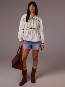 Athîral 女士撞色系带休闲长袖衬衫 - 白色 - 查看 3