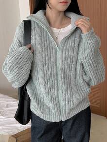 Dazy-Less 女士宽松针织开衫，纹理麻花图案，适合办公室休闲商务装，秋冬 - 薄荷綠 - 查看 2
