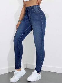 SHEIN Teen Girl Blue Denim Thermal Lined Elastic Skinny Cropped Jeans,Casual And Fashionable Vacation Outfits,Winter Clothes Fall - Dark Wash - View 5