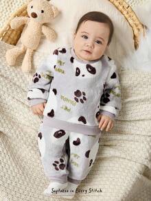 Cozy Pixies 新生男婴/女婴卡通熊猫印花圆领长袖连帽衫和松紧腰踝长裤两件套 - 灰色 - 查看 6