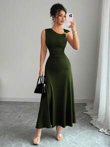 Elenzga 全新不对称领口金属装饰腰部褶饰度假休闲优雅女式连衣裙 - 軍綠色 - 查看 5