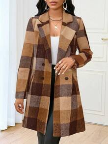 SHEIN Lady 女士经典格子驼色大衣，翻领，纽扣开合，装饰点缀，适合秋冬春三季，优雅温暖的冬装女士冬季夹克秋装秋装 - 彩色 - 查看 4