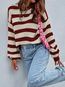 EMERY ROSE 休闲宽松条纹圆领长袖女套头毛衣秋季毛衣红白条纹毛衣冬季毛衣条纹毛衣女条纹毛衣 - 彩色 - 查看 6