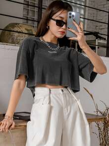 DAZY 字母图案落肩短款 T 恤 夏季 - 深灰色 - 查看 8