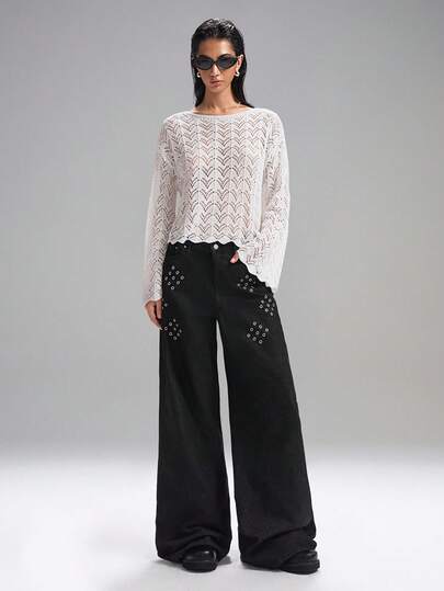 LYSMO 女士纯色圆领落肩长袖镂空宽松毛衣