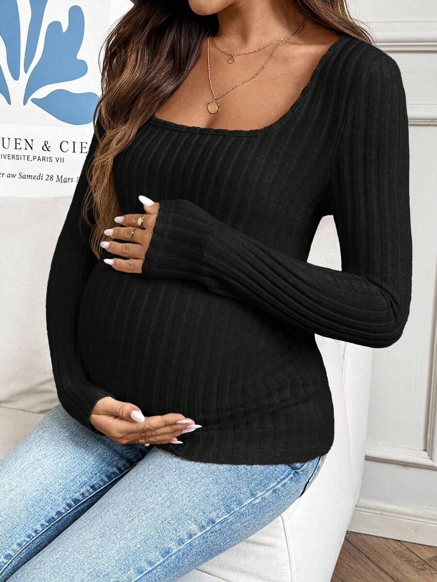 SHEIN Casual Solid Color Slim Fit Maternity Long Sleeve T-Shirt Long Sleeve Black Top Maternity Tops Pregnancy Clothes Maternity Shirts For Women Maternity Clothes