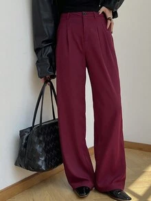DAZY 女式条纹商务休闲常规裤秋季 - 酒紅色 - 查看 3