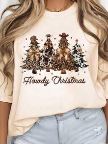 EMERY ROSE Howdy Christmas Western Christmas T-Shirt, Women's Casual Top, Round Neck Short Sleeved Plus Size Women's Clothing, Christmas T-Shirt, Suitable For Spring And Summer