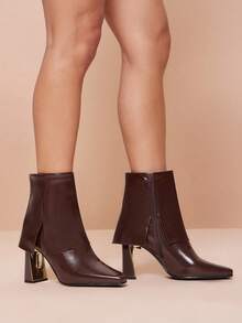 SHUZIA Women's Glamorous Sexy Almond Fold-Over Block Heel Mid-Calf Boots - Chocolate Brown - View 4