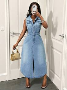 Slaydiva 女式无袖蓝色前扣开衩牛仔连衣裙，时尚 - 藍色 - 查看 6