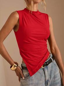 SHEIN BAE Women's Solid Color Sleeveless Cropped Casual Tank Top With Asymmetrical Hem,Multipack - Red - View 7