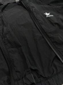 Genkimix Kids 女童韩版黑色风衣外套，白色丝带拼接，星星英文字母印花，运动活力 - 黑色 - 查看 8