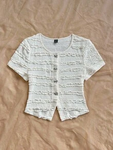 Soleia 女士度假针织白色纹理圆领开衫，精致蝴蝶结金属纽扣前开衩修身 T 恤衫，适合派对、狂欢节、下午茶 - 杏色 - 查看 4