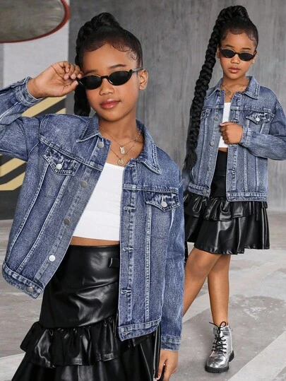 女童超大深蓝色牛仔外套，休闲BF风，做旧水洗，适合日常穿着、户外穿着、春秋冬