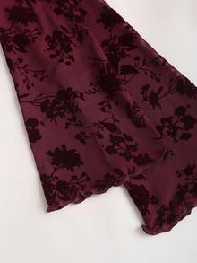 Sweetra Halloween Women's New Elegant & Fashionable Sexy Burgundy Mesh Leaf Flower Flocked Design Trumpet Sleeve Blouse, Spring/Autumn Fall Cloth For Women - Burgundy - View 5