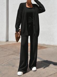 EURMUSE Women 3 Pieces Set TOP CARDİGAN AND PANTS - Black - View 5