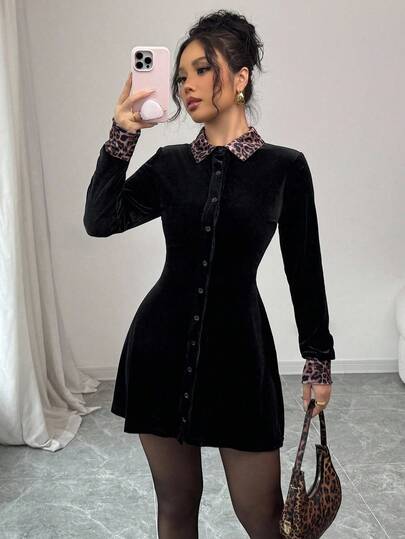 Elenzga Vestido holgado y elegante de estilo minimalista romántico de terciopelo negro con estampado de leopardo para mujeres