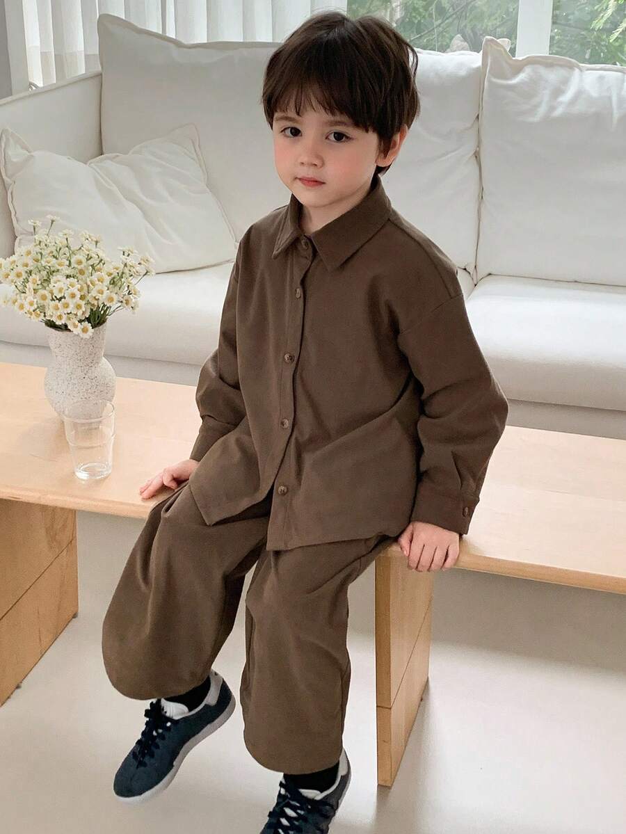 DAZY 儿童秋季服装,男童休闲宽松纯色衬衫套装,秋季 - 卡其色 - 查看 1