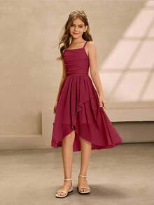 Vestido Midi Elegante e Luxuoso de Alça Fina e Ombro Caído Rosa para Meninas Pré-Adolescentes, Adequado para Festa, Banquete, Evento da Noite, Aniversário, Apresentação, Casamento, Dama de Honra, Baile de Formatura, Férias - Vinho - Visão 5