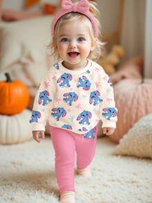 SHEIN Happikins 女婴可爱卡通兔子、蝴蝶结、史迪奇图案印花抓绒卫衣和打底裤套装，奶油白和玫瑰粉，柔软厚实保暖，适合秋冬季休闲穿着，女婴保暖套装，女婴冬季服装，女婴冬季套装 - 彩色 - 查看 3