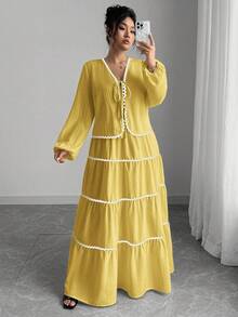 SHEIN Tall Plus Size Women 2 Pieces Set: Textured Long Sleeve Tie-Front Cardigan With Colorblock Ruffled Long Flared Midi Skirt, Elegant French Romantic Style Fall Cloth For Women - Yellow - View 1