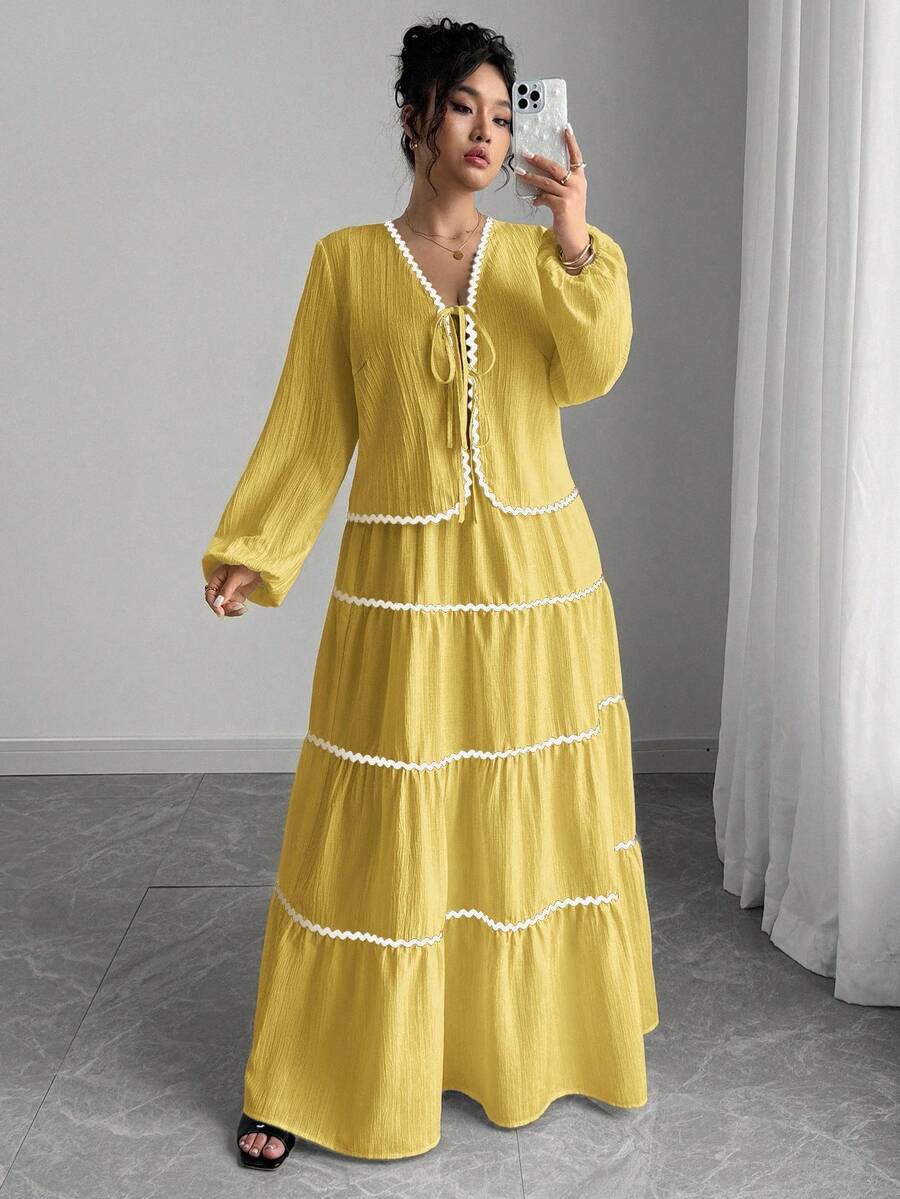 SHEIN Tall Plus Size Women 2 Pieces Set: Textured Long Sleeve Tie-Front Cardigan With Colorblock Ruffled Long Flared Midi Skirt, Elegant French Romantic Style Fall Cloth For Women - Yellow - View 1
