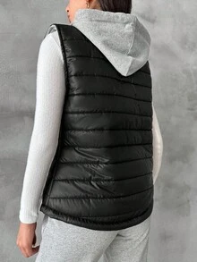 EURMUSE Zip Up Drawstring Hooded Vest Padded Coat - Black - View 2