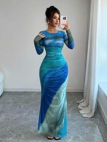Rafferiza Đầm Maxi Cổ Tròn Tay Dài In Họa Tiết Ombre Cho Nữ - Nhiều màu - Xem 7