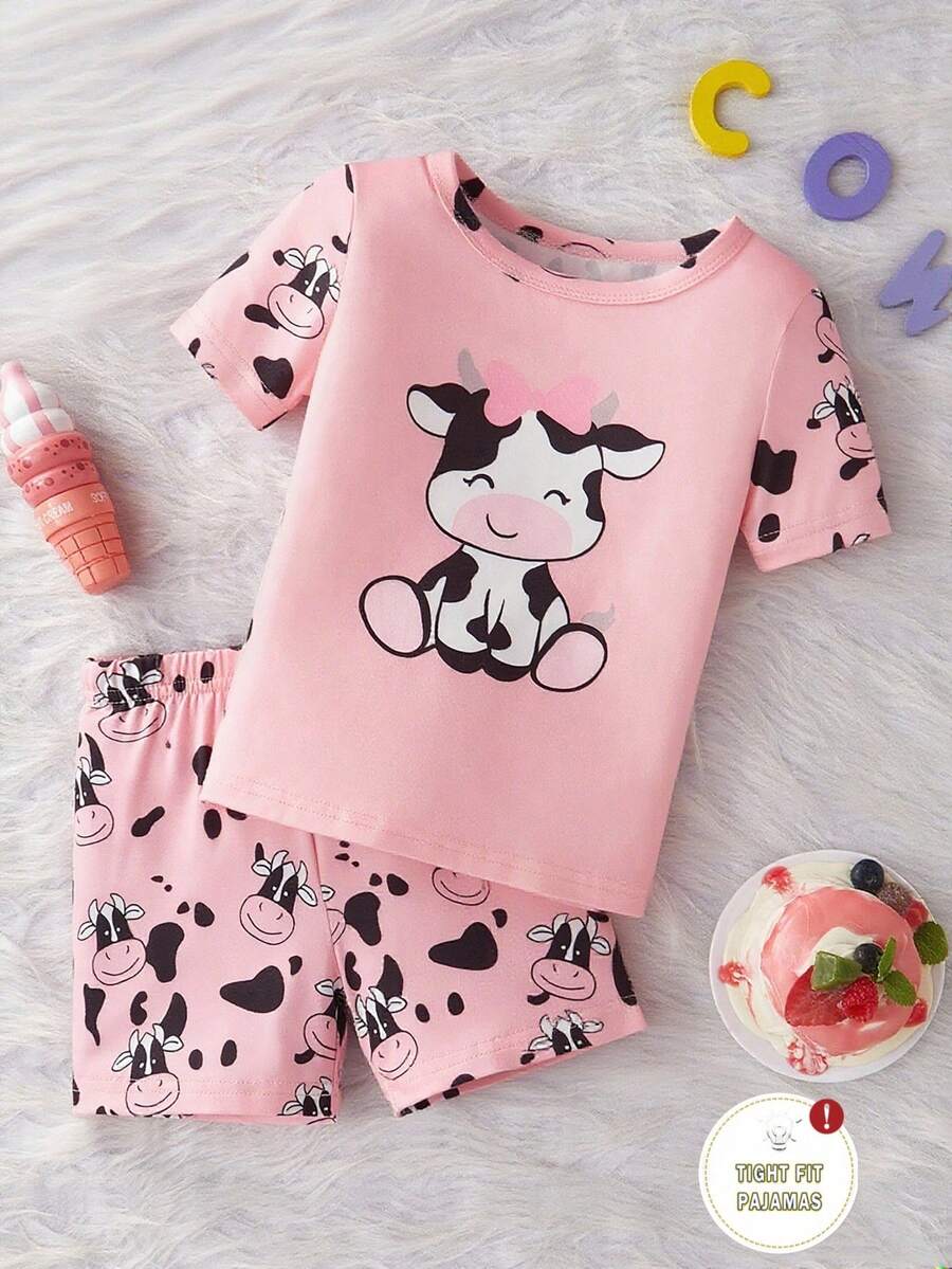 Young Girls 2pcs Tight Fit Pajama Set With Cute Cow Print On Short Sleeve Top And Shorts