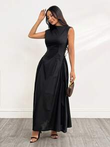 SHEIN PETITE 女士纯色斜肩褶饰腰优雅连衣裙 - 黑色 - 查看 6