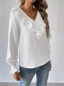 Elenzga Blusa de manga larga elegante para mujer con escote en V y mangas acampanadas, de unicolor, para primavera y otoño, tops de manga larga