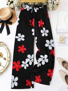 Linhara Plus Size Women Floral Print Tie Waist Wide Leg Loose Casual Pants - Rose Red - View 4