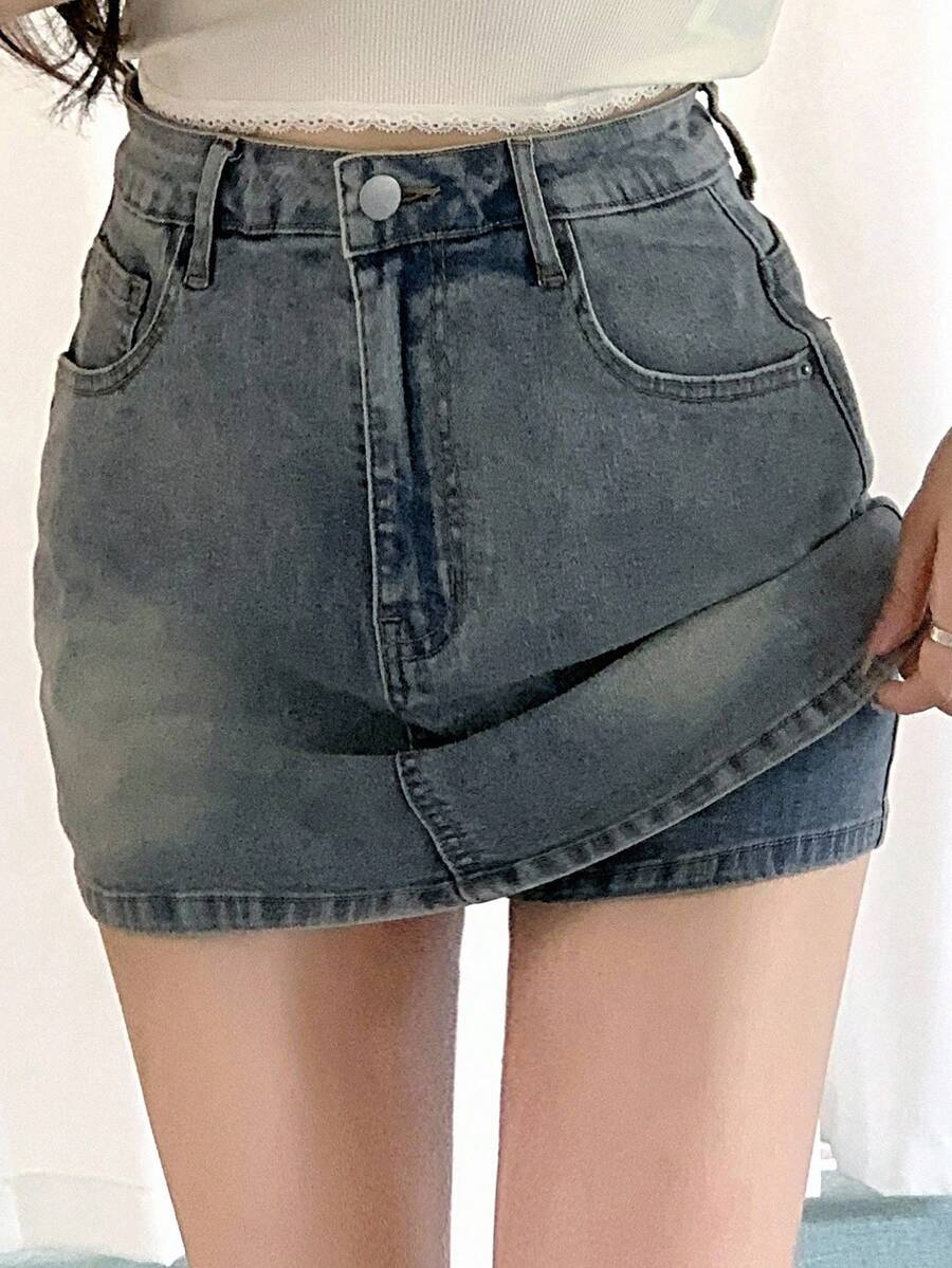 DAZY 女式牛仔连身裙，带盖前袋，休闲，短裙 - 藍色 - 查看 1